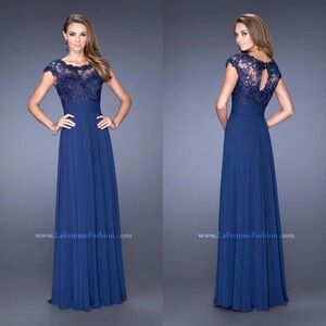 La Femme Lace Chiffon Maxi Evening Gown in Navy | 6